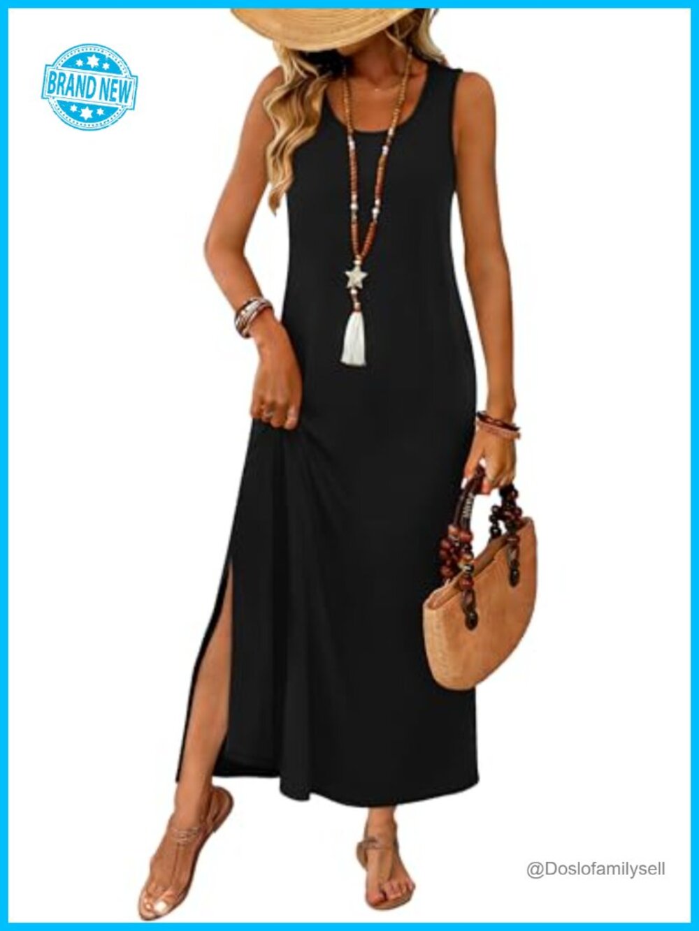 Maxi Dress Summer Beach Vacation Sleeveless Sundress with Pockets Boho Swing